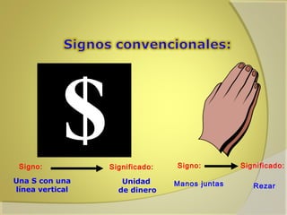 Signo:
Una S con una
línea vertical

Significado:
Unidad
de dinero

Signo:
Manos juntas

Significado:
Rezar

 