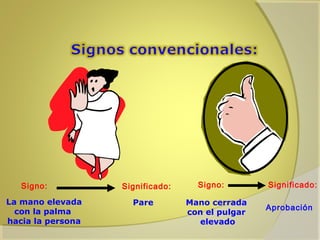 Signo:
La mano elevada
con la palma
hacia la persona

Significado:
Pare

Signo:
Mano cerrada
con el pulgar
elevado

Significado:
Aprobación

 