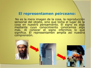 El representamen peirceano:
No es la mera imagen de la cosa, la reproducción
sensorial del objeto, sino que toma el lugar de la
cosa en nuestro pensamiento. El signo es algo
mediante cuyo conocimiento conocemos algo
más. Al conocer el signo inferimos lo que
significa. El representamen amplía así nuestra
comprensión.

 