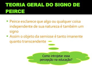 TEORIA GERAL DO SIGNO DE PEIRCE Peirce esclarece que algo ou qualquer coisa independente de sua natureza é também um signo Assim o objeto da semiose é tanto imanente quanto transcendente Como introjetar essa percepção na educação? 