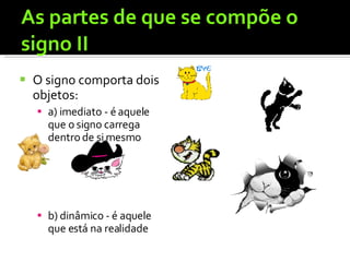 As partes de que se compõe o signo II O signo comporta dois objetos:  a) imediato - é aquele que o signo carrega dentro de si mesmo  b) dinâmico - é aquele que está na realidade 