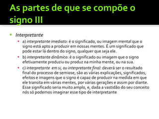 As partes de que se compõe o signo III Interpretante   a)  interpretante imediato : é o significado, ou imagem mental que o signo está apto a produzir em nossas mentes. É um significado que pode estar lá dentro do signo, qualquer que seja ele. b)  interpretante dinâmico : é o significado ou imagem que o signo efetivamente produziu ou produz na minha mente, ou na sua. c)  interpretante  em si, ou interpretante final : deverá ser o resultado final do processo de semiose, são as várias explicações, significados, efeitos e imagens que o signo é capaz de produzir na medida em que ele transita em várias mentes, por várias gerações e assim por diante. Esse significado seria muito amplo, e, dada a vastidão do seu conceito nós só podemos imaginar esse tipo de interpretante 