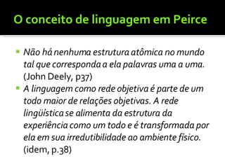 O conceito de linguagem em Peirce Não há nenhuma estrutura atômica no mundo tal que corresponda a ela palavras uma a uma.  (John Deely, p37) A linguagem como rede objetiva é parte de um todo maior de relações objetivas. A rede lingüística se alimenta da estrutura da experiência como um todo e é transformada por ela em sua irredutibilidade ao ambiente físico.  (idem, p.38) 
