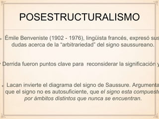 POSESTRUCTURALISMO
y Derrida fueron puntos clave para reconsiderar la significación y
Lacan invierte el diagrama del signo de Saussure. Argumenta
que el signo no es autosuficiente, que el signo esta compuesto
por ámbitos distintos que nunca se encuentran.
Émile Benveniste (1902 - 1976), lingüista francés, expresó sus
dudas acerca de la “arbitrariedad” del signo saussureano.
 