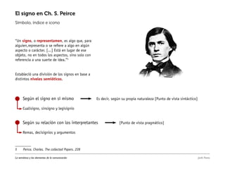 El signo en Ch. S. Peirce 
Símbolo, índice e icono 
“Un signo, o representamen, es algo que, para 
alguien,representa o se refiere a algo en algún 
aspecto o carácter. [...] Está en lugar de ese 
objeto, no en todos los aspectos, sino solo con 
referencia a una suerte de idea.”5 
Estableció una división de los signos en base a 
distintos niveles semióticos. 
Según el signo en sí mismo 
Es decir, según su propia naturaleza [Punto de vista sintáctico] 
Cualisigno, sinsigno y legisignio 
Según su relación con los interpretantes 
Remas, decisignios y argumentos 
[Punto de vista pragmático] 
5 Peirce, Charles. The collected Papers. 228 
La semiótica y los elementos de la comunicación Jarib Flores 
 