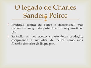O legado de Charles 
Sanders Peirce 
 
 Produção teórica de Peirce é descomunal, mas 
dispersa e em grande parte difícil de esquematizar. 
(33) 
 Santaella, em seu acesso a parte dessa produção, 
compreende a semiótica de Peirce como uma 
filosofia científica da linguagem. 
 