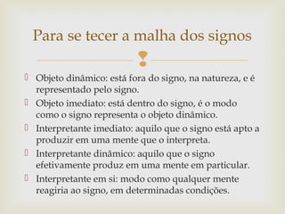 Para se tecer a malha dos signos 
 
 Objeto dinâmico: está fora do signo, na natureza, e é 
representado pelo signo. 
 Objeto imediato: está dentro do signo, é o modo 
como o signo representa o objeto dinâmico. 
 Interpretante imediato: aquilo que o signo está apto a 
produzir em uma mente que o interpreta. 
 Interpretante dinâmico: aquilo que o signo 
efetivamente produz em uma mente em particular. 
 Interpretante em si: modo como qualquer mente 
reagiria ao signo, em determinadas condições. 
 