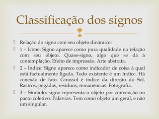 Classificação dos signos 
 
 Relação do signo com seu objeto dinâmico: 
 1 – Ícone: Signo aparece como pura qualidade na relação 
com seu objeto. Quase-signo, algo que se dá à 
contemplação. Efeito de impressão. Arte abstrata. 
 2 – Índice: Signo aparece como indicador de coisa à qual 
está factualmente ligada. Todo existente é um índice. Há 
conexão de fato. Girassol é índice da direção do Sol. 
Rastros, pegadas, resíduos, remanências. Fotografia. 
 3 – Símbolo: signo representa o objeto por convenção ou 
pacto coletivo. Palavras. Tem como objeto um geral, e não 
um singular. 
 