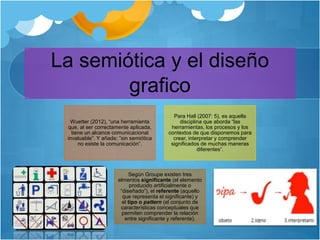 La semiótica y el diseño
grafico
Wuetter (2012), “una herramienta
que, al ser correctamente aplicada,
tiene un alcance comunicacional
invaluable”. Y añade: ”sin semiótica
no existe la comunicación”.
Para Hall (2007: 5), es aquella
disciplina que aborda “las
herramientas, los procesos y los
contextos de que disponemos para
crear, interpretar y comprender
significados de muchas maneras
diferentes”.
Según Groupe existen tres
elmentos significante (el elemento
producido artificialmente o
“diseñado”), el referente (aquello
que representa el significante) y
el tipo o pattern (el conjunto de
características conceptuales que
permiten comprender la relación
entre significante y referente).
 