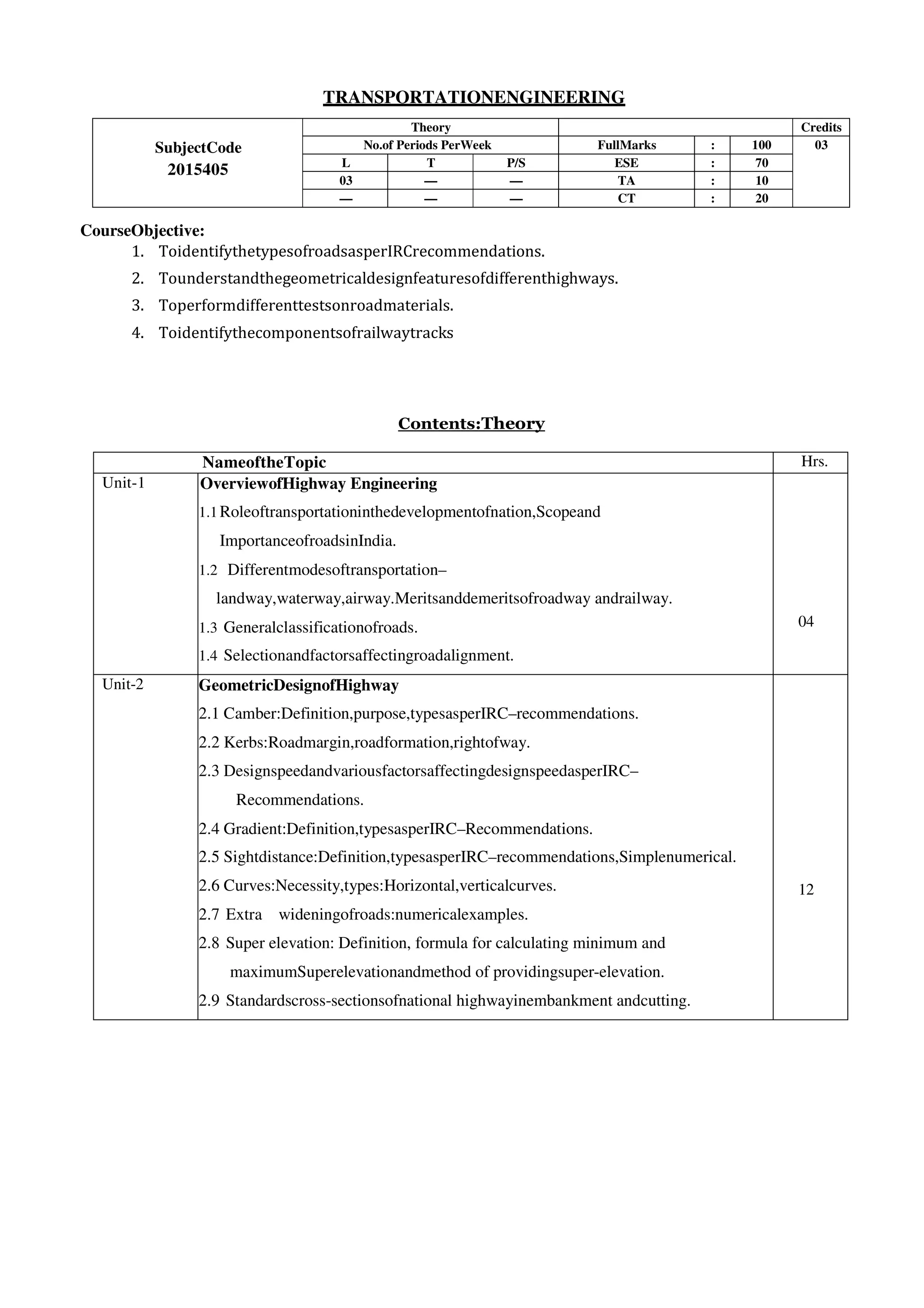 TRANSPORTATIONENGINEERING
SubjectCode
2015405
Theory Credits
No.of Periods PerWeek FullMarks : 100 03
L T P/S ESE : 70
03 — — TA : 10
— — — CT : 20
CourseObjective:
1. ToidentifythetypesofroadsasperIRCrecommendations.
2. Tounderstandthegeometricaldesignfeaturesofdifferenthighways.
3. Toperformdifferenttestsonroadmaterials.
4. Toidentifythecomponentsofrailwaytracks
Contents:Theory
NameoftheTopic Hrs.
Unit-1 OverviewofHighway Engineering
1.1Roleoftransportationinthedevelopmentofnation,Scopeand
ImportanceofroadsinIndia.
1.2 Differentmodesoftransportation–
landway,waterway,airway.Meritsanddemeritsofroadway andrailway.
1.3 Generalclassificationofroads.
1.4 Selectionandfactorsaffectingroadalignment.
04
Unit-2 GeometricDesignofHighway
2.1 Camber:Definition,purpose,typesasperIRC–recommendations.
2.2 Kerbs:Roadmargin,roadformation,rightofway.
2.3 DesignspeedandvariousfactorsaffectingdesignspeedasperIRC–
Recommendations.
2.4 Gradient:Definition,typesasperIRC–Recommendations.
2.5 Sightdistance:Definition,typesasperIRC–recommendations,Simplenumerical.
2.6 Curves:Necessity,types:Horizontal,verticalcurves.
2.7 Extra wideningofroads:numericalexamples.
2.8 Super elevation: Definition, formula for calculating minimum and
maximumSuperelevationandmethod of providingsuper-elevation.
2.9 Standardscross-sectionsofnational highwayinembankment andcutting.
12
 