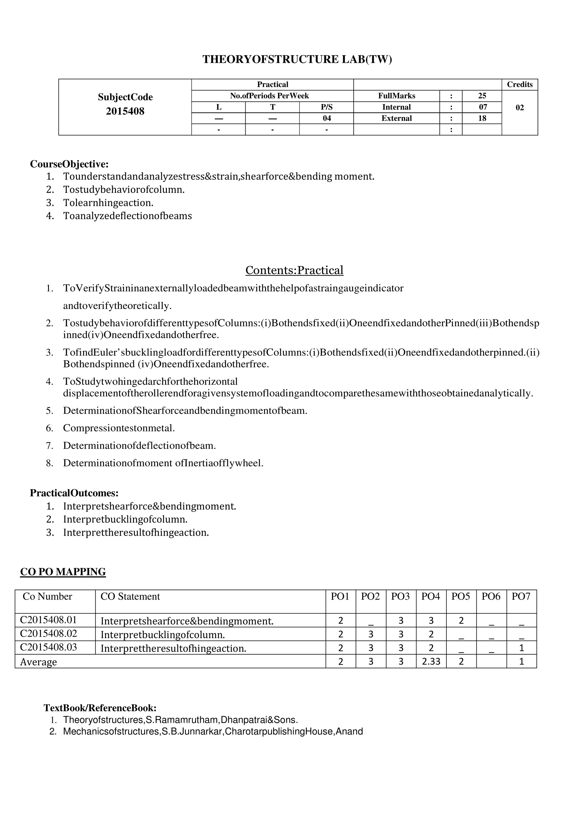 THEORYOFSTRUCTURE LAB(TW)
SubjectCode
2015408
Practical Credits
No.ofPeriods PerWeek FullMarks : 25
02
L T P/S Internal : 07
— — 04 External : 18
- - - :
CourseObjective:
1. Tounderstandandanalyzestress&strain,shearforce&bending moment.
2. Tostudybehaviorofcolumn.
3. Tolearnhingeaction.
4. Toanalyzedeflectionofbeams
Contents:Practical
1. ToVerifyStraininanexternallyloadedbeamwiththehelpofastraingaugeindicator
andtoverifytheoretically.
2. TostudybehaviorofdifferenttypesofColumns:(i)Bothendsfixed(ii)OneendfixedandotherPinned(iii)Bothendsp
inned(iv)Oneendfixedandotherfree.
3. TofindEuler’sbucklingloadfordifferenttypesofColumns:(i)Bothendsfixed(ii)Oneendfixedandotherpinned.(ii)
Bothendspinned (iv)Oneendfixedandotherfree.
4. ToStudytwohingedarchforthehorizontal
displacementoftherollerendforagivensystemofloadingandtocomparethesamewiththoseobtainedanalytically.
5. DeterminationofShearforceandbendingmomentofbeam.
6. Compressiontestonmetal.
7. Determinationofdeflectionofbeam.
8. Determinationofmoment ofInertiaofflywheel.
PracticalOutcomes:
1. Interpretshearforce&bendingmoment.
2. Interpretbucklingofcolumn.
3. Interprettheresultofhingeaction.
CO PO MAPPING
Co Number CO Statement PO1 PO2 PO3 PO4 PO5 PO6 PO7
C2015408.01 Interpretshearforce&bendingmoment. 2 _ 3 3 2 _ _
C2015408.02 Interpretbucklingofcolumn. 2 3 3 2 _ _ _
C2015408.03 Interprettheresultofhingeaction. 2 3 3 2 _ _ 1
Average 2 3 3 2.33 2 1
TextBook/ReferenceBook:
1. Theoryofstructures,S.Ramamrutham,Dhanpatrai&Sons.
2. Mechanicsofstructures,S.B.Junnarkar,CharotarpublishingHouse,Anand
 