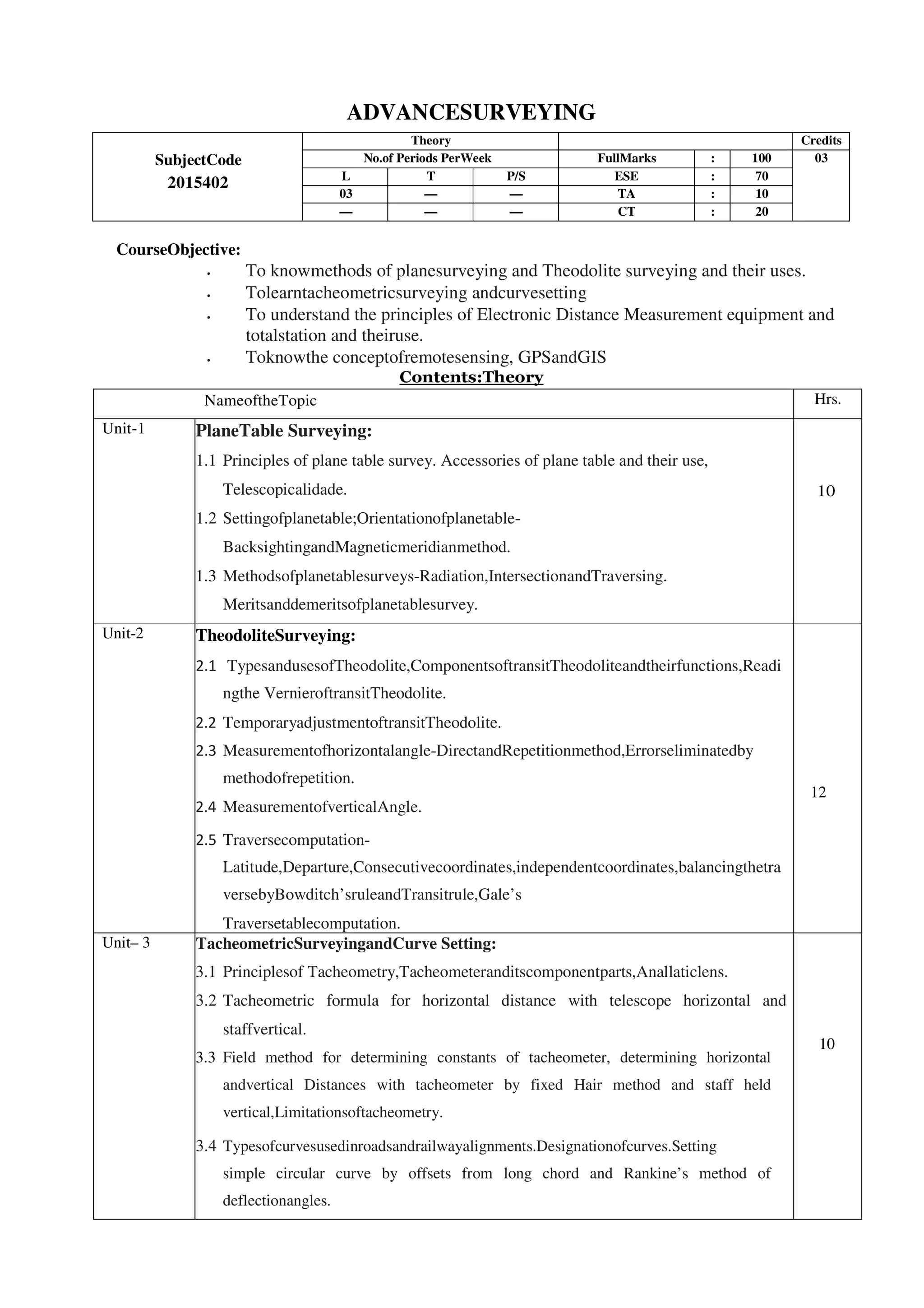 ADVANCESURVEYING
SubjectCode
2015402
Theory Credits
No.of Periods PerWeek FullMarks : 100 03
L T P/S ESE : 70
03 — — TA : 10
— — — CT : 20
CourseObjective:
• To knowmethods of planesurveying and Theodolite surveying and their uses.
• Tolearntacheometricsurveying andcurvesetting
• To understand the principles of Electronic Distance Measurement equipment and
totalstation and theiruse.
• Toknowthe conceptofremotesensing, GPSandGIS
Contents:Theory
NameoftheTopic Hrs.
Unit-1 PlaneTable Surveying:
1.1 Principles of plane table survey. Accessories of plane table and their use,
Telescopicalidade.
1.2 Settingofplanetable;Orientationofplanetable-
BacksightingandMagneticmeridianmethod.
1.3 Methodsofplanetablesurveys-Radiation,IntersectionandTraversing.
Meritsanddemeritsofplanetablesurvey.
10
Unit-2 TheodoliteSurveying:
2.1 TypesandusesofTheodolite,ComponentsoftransitTheodoliteandtheirfunctions,Readi
ngthe VernieroftransitTheodolite.
2.2 TemporaryadjustmentoftransitTheodolite.
2.3 Measurementofhorizontalangle-DirectandRepetitionmethod,Errorseliminatedby
methodofrepetition.
2.4 MeasurementofverticalAngle.
2.5 Traversecomputation-
Latitude,Departure,Consecutivecoordinates,independentcoordinates,balancingthetra
versebyBowditch’sruleandTransitrule,Gale’s
Traversetablecomputation.
12
Unit– 3 TacheometricSurveyingandCurve Setting:
3.1 Principlesof Tacheometry,Tacheometeranditscomponentparts,Anallaticlens.
3.2 Tacheometric formula for horizontal distance with telescope horizontal and
staffvertical.
3.3 Field method for determining constants of tacheometer, determining horizontal
andvertical Distances with tacheometer by fixed Hair method and staff held
vertical,Limitationsoftacheometry.
3.4 Typesofcurvesusedinroadsandrailwayalignments.Designationofcurves.Setting
simple circular curve by offsets from long chord and Rankine’s method of
deflectionangles.
10
 