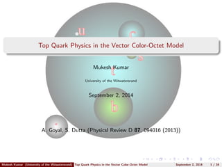 Top Quark Physics in the Vector Color-Octet Model 
Mukesh Kumar 
University of the Witwatersrand 
September 2, 2014 
A. Goyal, S. Dutta (Physicsl Review D 87, 094016 (2013)) 
Mukesh Kumar (University of the Witwatersrand) Top Quark Physics in the Vector Color-Octet Model September 2, 2014 1 / 34 
 