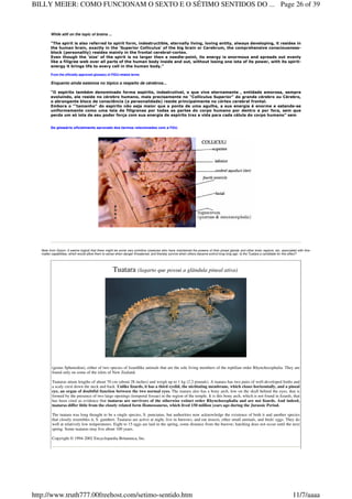 While still on the topic of brains ...
"The spirit is also referred to spirit form, indestructible, eternally living, loving entity, always developing, it resides in
the human brain, exactly in the 'Superior Colliculus' of the big brain or Cerebrum, the comprehensive consciousness-
block (personality) resides mainly in the frontal cerebral-cortex.
Even though the 'size' of the spirit is no larger then a needle-point, its energy is enormous and spreads out evenly
like a filigree web over all parts of the human body inside and out, without losing one iota of its power, with its spirit-
energy it brings life to every cell in the human body."
From the officially approved glossary of FIGU-related terms
Enquanto ainda estamos no tópico a respeito de cérebros...
"O espírito também denominado forma espírito, indestrutível, o que vive eternamente , entidade amorosa, sempre
evoluindo, ele reside no cérebro humano, mais precisamente no "Colliculus Superior" do grande cérebro ou Cérebro,
o abrangente bloco de consciência (a personalidade) reside principalmente no córtex cerebral frontal.
Embora o "'tamanho" do espírito não seja maior que a ponta de uma agulha, a sua energia é enorme e estende-se
uniformemente como uma teia de filigranas por todas as partes do corpo humano por dentro e por fora, sem que
perda um só iota de seu poder força com sua energia de espírito traz a vida para cada célula do corpo humano" sem
Do glossário oficialmente aprovado dos termos relacionados com a FIGU.
Note from Dyson: It seems logical that there might be some very primitive creatures who have maintained the powers of their pineal glands and other brain regions, etc. associated with fine-
matter capabilities, which would allow them to sense when danger threatened, and thereby survive when others became extinct long long ago. Is the Tuatara a candidate for this effect?
Tuatara (lagarto que possui a glândula pineal ativa)
(genus Sphenodon), either of two species of lizardlike animals that are the sole living members of the reptilian order Rhynchocephalia. They are
found only on some of the islets of New Zealand.
Tuataras attain lengths of about 70 cm (about 28 inches) and weigh up to 1 kg (2.2 pounds). A tuatara has two pairs of well-developed limbs and
a scaly crest down the neck and back. Unlike lizards, it has a third eyelid, the nictitating membrane, which closes horizontally, and a pineal
eye, an organ of doubtful function between the two normal eyes. The tuatara also has a bony arch, low on the skull behind the eyes, that is
formed by the presence of two large openings (temporal fossae) in the region of the temple. It is this bony arch, which is not found in lizards, that
has been cited as evidence that tuataras are survivors of the otherwise extinct order Rhynchocephalia and are not lizards. And indeed,
tuataras differ little from the closely related form Homeosaurus, which lived 150 million years ago during the Jurassic Period.
The tuatara was long thought to be a single species, S. punctatus, but authorities now acknowledge the existence of both it and another species
that closely resembles it, S. guntheri. Tuataras are active at night, live in burrows, and eat insects, other small animals, and birds' eggs. They do
well at relatively low temperatures. Eight to 15 eggs are laid in the spring, some distance from the burrow; hatching does not occur until the next
spring. Some tuataras may live about 100 years.
Copyright © 1994-2002 Encyclopædia Britannica, Inc.
Page 26 of 39BILLY MEIER: COMO FUNCIONAM O SEXTO E O SÉTIMO SENTIDOS DO ...
11/7/aaaahttp://www.truth777.00freehost.com/setimo-sentido.htm
 