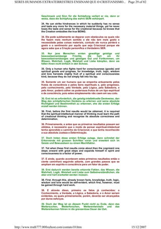 Geschmack und Sinn für die Schöpfung verliert er nie, denn er
weiss, dass die Schöpfung das wahre SEIN verkörpert.
34. He can strike hindrances in which he suddenly has no sense
and taste any more for the necessary material things, yet he never
loses the taste and sense for the creational because he knows that
the Creation embodies the true BEING.
34. Ele pode subitamente se deparar com obstáculos os quais não
lhe fazem mais nenhum sentido e ele não tem mais gosto e
necessidade pelas coisas materiais, contudo ele nunca perderá o
gosto e o sentimento por aquilo que seja Criacional porque ele
agora sabe que a Criação personifica o Verdadeiro SER.
35. Nur jene Menschen ernten gewaltige geistige und
bewusstseinsmässige Früchte, die hart um ihr
bewusstseinsmässiges und geistiges Gut und Fortkommen, um
Wissen, Wahrheit, Logik, Weisheit und Liebe kämpfen, denn sie
fallen ihnen nicht einfach in den Schoss.
35. Only a human who fights hard for consciousness (goods) and
spiritual goods and progress, for knowledge, truth, logic, wisdom
and love harvests mighty fruit of a spiritual and consciousness
kind, because they do not simply fall into his lap.
35. Somente um ser humano que se empenha arduamente pelos
frutos da consciência e pelos bens espirituais e, pelo progresso,
pelo conhecimento, pela Verdade, pela Lógica, pela Sabedoria, e
pelo Amor, poderá colher os poderosos frutos de um tipo espiritual
e de consciência, pois estes simplesmente não caem em seu colo.
36. Erst ist es erforderlich, die geistig-intellektuelle Denkweise, den
Weg des schöpferischen Denkens zu erlernen und seine absolute
Richtigkeit und Bestimmtheit zu erkennen, ehe die ersten Erfolge
erzielt werden können.
36. First, before the first results would be obtained, it is required
that the spiritual-intellectual manner of thinking must learn the path
of creational thinking and recognize its absolute correctness and
determination.
36. Primeiramente, e antes que os primeiros resultados possam ser
obtidos, é necessário que o modo de pensar espiritual-intelectual
tenha aprendido o caminho do Criacional, e que tenha reconhecido
a sua absoluta Justeza e Determinação.
37. Doch treten diese ersten Erfolge zutage, dann schreitet der
Erkennende mit grossen Schritten voran und erweitert sich im
Geiste und Bewusstsein zu einem Machtfaktor.
37. Yet when these first results come about then the cognizant one
steps onward with great steps and expands himself in spirit and
consciousness to a factor of power.
37. E ainda, quando acontecem estes primeiros resultados então o
ciente caminhará seguindo adiante, com grandes passos que se
ampliam em espírito e consciência para um fator de poder.
38. Erst dadurch werden bereits erkannte Fakten, das Wissen, die
Wahrheit, Logik, Weisheit und Liebe zum Selbstverständlichen, die
aber erst hart erarbeitet werden müssen.
38. First, through this, already known facts, knowledge, truth, logic,
wisdom and love would be self-evident, which first, however, must
be gained through hard work.
38. E através disso, primeiro os fatos já conhecidos: o
Conhecimento, a Verdade, a Lógica, a Sabedoria, e o Amor seriam
evidentes, os quais primeiramente, porém, deverão ser alcançados
por duros esforços.
39. Doch der Weg ist an diesem Punkt nicht zu Ende, denn das
Weitersuchen, Weiterforschen, Weiterentwickeln und das
Weitererkennen führen in die grenzenlose Dauer der Zeit.
Page 29 of 82SERES HUMANOS EXTRATERRESTRES ENSINAM QUE O CRISTIANISMO...
15/12/2007http://www.truth777.00freehost.com/contato10.htm
 