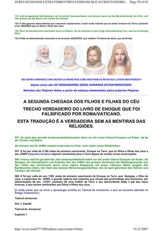 123. Und sie gabäreten Nachkommen, die da schnell haranwachseten und grösser waren als die Menschenkinder der Erde, und
also grösser als die Söhne und Töchter der Himmel.
123. E eles geraram descendentes que cresceram rapidamente, e eram muito maiores que os seres humanos da Terra e portanto
eram MAIORES que os filhos e filhas dos céus.
124. Denn die Nachkommen wachseten heran zu Riesen, die da messeten in der Länge dreiunddreissig Fuss, was da ist dreissig
Ellen.
124. Então os descendentes cresceram e se tornaram GIGANTES, que mediam 10 metros de altura, que dá 30 ells.
SÃO SERES HUMANOS E NÃO BICHOS OU MONSTROS COMO MOSTRAM AS REVISTAS E LIVROS MENTIROSOS!!!
Vejam como são OS VERDADEIROS SERES HUMANOS EXTRATERRESTRES!
Retratos dos Plejaren feitos a partir de esboços desenhados pelos próprios Plejaren
A SEGUNDA CHEGADA DOS FILHOS E FILHAS DO CÉU
TRECHO VERDADEIRO DO LIVRO DE ENOQUE QUE FOI
FALSIFICADO POR ROMA/VATICANO.
ESTA TRADUÇÃO É A VERDADEIRA SEM AS MENTIRAS DAS
RELIGIÕES.
557. Es ward aber grundet dreitausendsiebenhundert Jahre vor der ersten Geburt Enoques auf Erden, als da
die Töchter und Söhne
der Himmel und ihr JHWH reiseten andermals zur Erde, nach vielen neuen Wiederleben.
557. E foi por volta de 3,700 antes do primeiro nascimento Enoque na Terra que os filhos e filhas dos céus e
seu JHWH (daqueles tempos) viajaram novamente para a Terra depois de muitas novas encarnações.
560. Und es ward da grundet das Jahr eintausendsiebenhundert vor der ersten Geburt Enoques auf Erden, als
Semjasa, der Himmelssohn und Aufseher des des JHWH, des grossen Herrschers der Weithergereiseten aus
den Tiefen des Universums durch seine eigene Ratgebung mit einem irdischen Weibe zeugete den
Nachkommen Adam, den Vater des weissen Menschengeschlechtes, das da ward gleichsam den Söhnen und
Töchtern der Himmel.
560. E foi por volta do ano 1700, antes do primeiro nascimento de Enoque na Terra ,que Semjasa, o filho do
céus, e supervisor do JHWH, o grande regente dos viajantes que vieram das profundezas dos Universos, por
determinação de seu JHWH, produziu de uma mulher da Terra o seu descendente Adão o pai das raças
brancas, e que seriam semlhantes aos filhos e filhas dos céus.
[é neste ponto que se inicia a genealogia contida no Talmud de Jmmanuel, e que se encontra alterada no
Antigo Testamento.]
Talmud Jmmanuel
Das 1. Kapitel
Talmud de Jmmanuel
Capítulo 1
Page 59 of 82SERES HUMANOS EXTRATERRESTRES ENSINAM QUE O CRISTIANISMO...
15/12/2007http://www.truth777.00freehost.com/contato10.htm
 