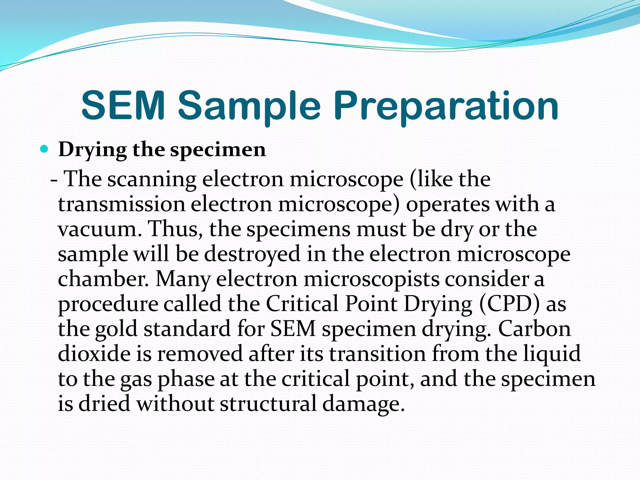 SEM Sample Preparation
 Drying the specimen
 - The scanning electron microscope (like the
  transmission electron microscope) operates with a
  vacuum. Thus, the specimens must be dry or the
  sample will be destroyed in the electron microscope
  chamber. Many electron microscopists consider a
  procedure called the Critical Point Drying (CPD) as
  the gold standard for SEM specimen drying. Carbon
  dioxide is removed after its transition from the liquid
  to the gas phase at the critical point, and the specimen
  is dried without structural damage.
 