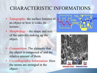 CHARACTERISTIC INFORMATIONS
• Topography- the surface features of
an object or how it looks, its
texture.
• Morphology – the shape and size
of the particles making up the
object.
• Composition- The elements that
the object is composed of and the
relative amount of them.
• Crystallographic Information- How
the atoms are arranged in the
object.
 