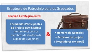 Estratégia de Patrocínio para os Graduados
Reunião Estratégica entre:

  Formandos Participantes
  do Projeto SEM LIMITES
    (juntamente com os            • Homens de Negócios
  membros da diretoria da    &    • Parceiros do projeto
    Cidade dos Meninos)
                                 ( Investidores em geral)
 