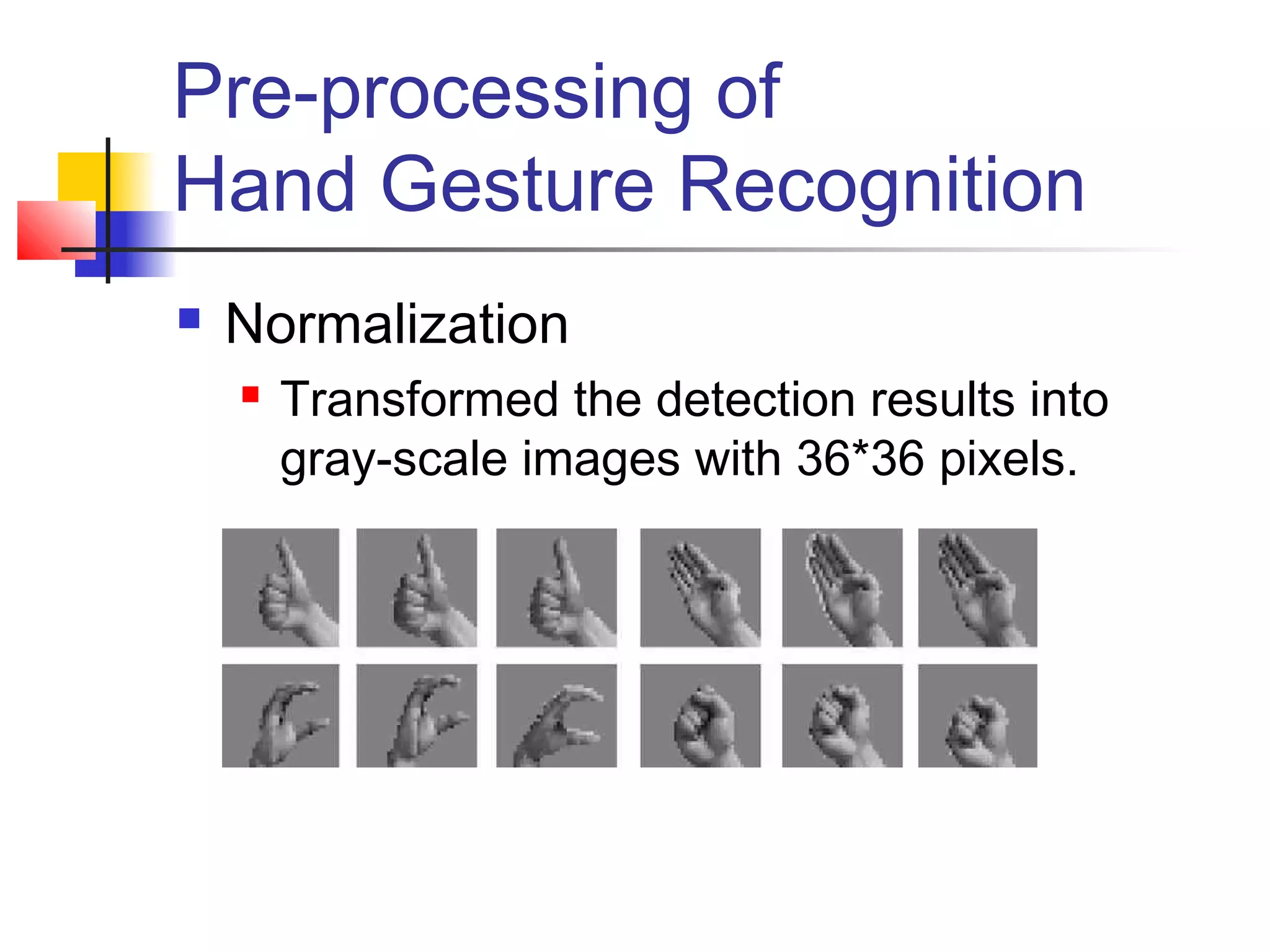 Pre-processing of
Hand Gesture Recognition
 Normalization
 Transformed the detection results into
gray-scale images with 36*36 pixels.
 