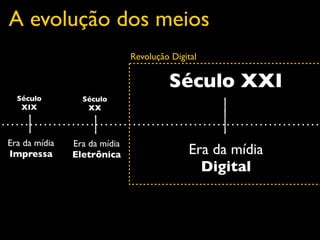 A evolução dos meios
                              Revolução Digital

                                       Século XXI
  Século         Século
   XIX            XX



Era da mídia   Era da mídia
Impressa       Eletrônica                    Era da mídia
                                               Digital
 