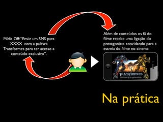 Além de conteúdos os fã do
Mídia Off: “Envie um SMS para   ﬁlme recebe uma ligação do
    XXXX com a palavra          protagonista convidando para a
Transformes para ter acesso a   estreia do ﬁlme no cinema!
    conteúdo exclusivo”.!




                                Na prática
 