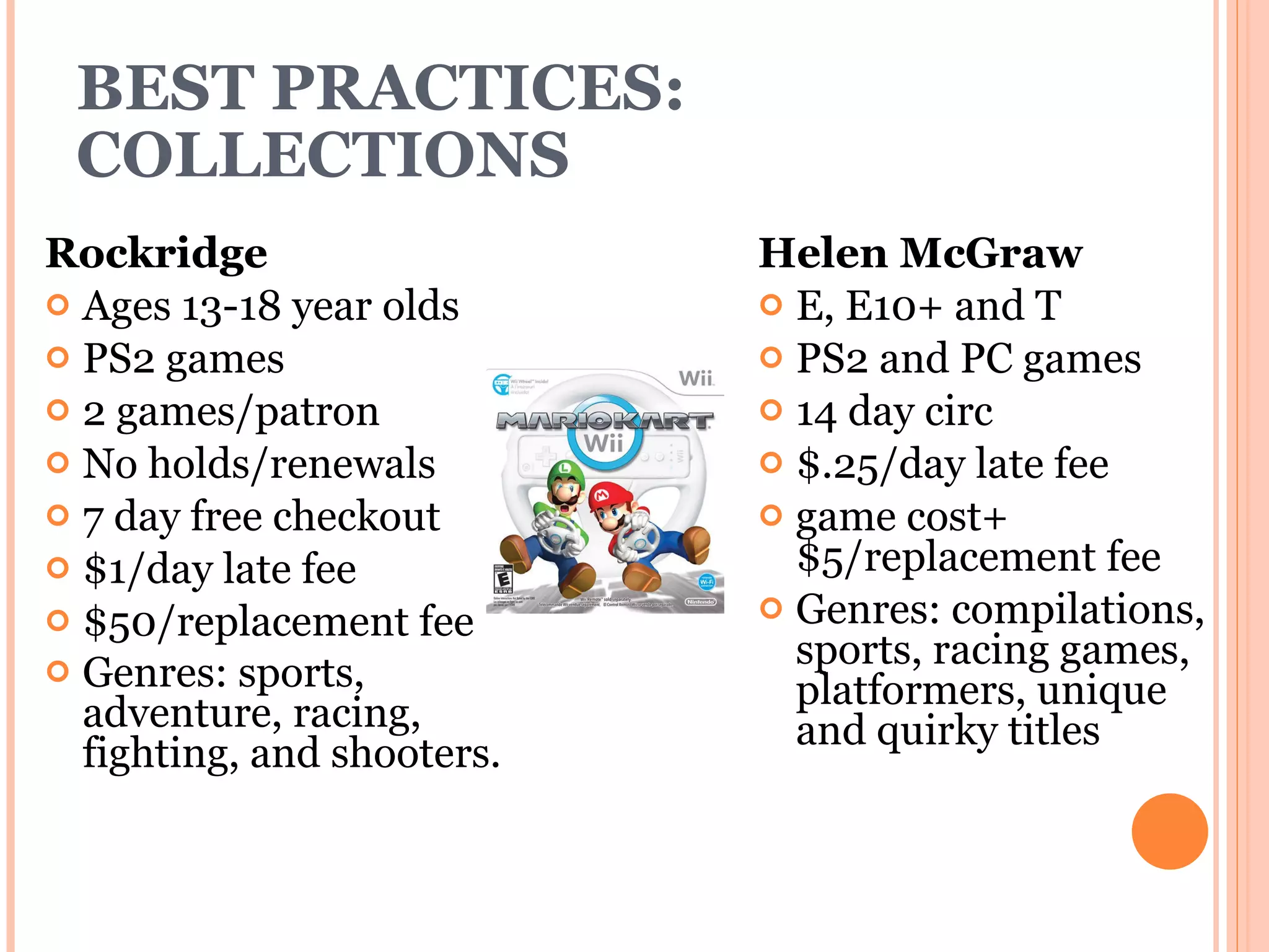 BEST PRACTICES: COLLECTIONS Rockridge Ages 13-18 year olds PS2 games  2 games/patron  No holds/renewals  7 day free checkout $1/day late fee $50/replacement fee Genres: sports, adventure, racing, fighting, and shooters.  Helen McGraw E, E10+ and T PS2 and PC games 14 day circ $.25/day late fee  game cost+$5/replacement fee Genres: compilations, sports, racing games, platformers, unique and quirky titles 