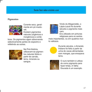 Pigmentos
Corante seco, geral-
mente em pó insolú-
vel.
Existem pigmentos
naturais (orgânicos e
inorgânicos) e sinté-
ticos. Os pigmentos agem absorvendo
selectivamente partes do espectro e
refletindo as outras.
Na Pré-História,
utilizavam-se pigmen-
tos naturais feitos a
partir de carvão,
terra, minerais ou
sangue.
Vindo do Afeganistão, o
Lápis-Lazuli foi durante
séculos o pigmento mais
caro.
Era utilizado em pinturas
religiosas para os santos
mais importantes, ou em quadros mui-
to valiosos.
Durante séculos, o Amarelo
Indiano foi feito a partir da
urina de vacas alimentadas
com mangas, que ensopava
terra.
O ouro também é utiliza-
do como pigmento para
fazer tintas. A Talha
Dourada é um exemplo.
Sem luz não existe cor
17
 