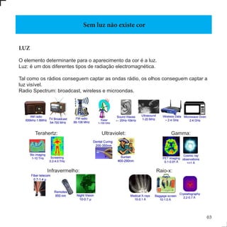 03
LUZ
O elemento determinante para o aparecimento da cor é a luz.
Luz: é um dos diferentes tipos de radiação electromagnética.
Tal como os rádios conseguem captar as ondas rádio, os olhos conseguem captar a
luz visível.
Radio Spectrum: broadcast, wireless e microondas.
Terahertz: Ultraviolet: Gamma:
Infravermelho: Raio-x:
Sem luz não existe cor
 