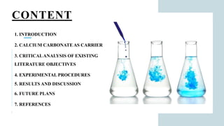 CONTENT
1
1. INTRODUCTION
2. CALCIUM CARBONATE AS CARRIER
3. CRITICALANALYSIS OF EXISTING
LITERATURE OBJECTIVES
4. EXPERIMENTAL PROCEDURES
5. RESULTS AND DISCUSSION
6. FUTURE PLANS
7. REFERENCES
 