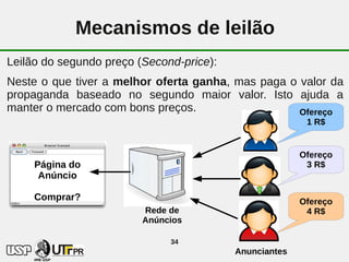 Mecanismos de leilão
Leilão do segundo preço (Second-price):
Neste o que tiver a melhor oferta ganha, mas paga o valor da
propaganda baseado no segundo maior valor. Isto ajuda a
manter o mercado com bons preços.                   Ofereço
                                                         1 R$


                                                        Ofereço
     Página do                                           3 R$
      Anúncio

     Comprar?                                           Ofereço
                         Rede de                         4 R$
                         Anúncios

                              34
                                          Anunciantes
 