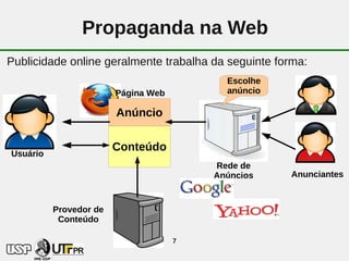 Propaganda na Web
Publicidade online geralmente trabalha da seguinte forma:
                                           Escolhe
                        Página Web         anúncio

                        Anúncio

                        Conteúdo
Usuário
                                         Rede de
                                         Anúncios    Anunciantes



          Provedor de
           Conteúdo

                                     7
 