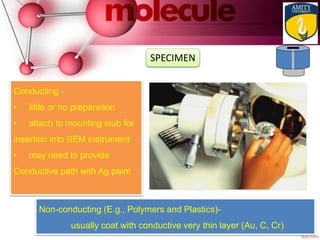 Conducting -
• little or no preparation
• attach to mounting stub for
insertion into SEM instrument
• may need to provide
Conductive path with Ag paint
Non-conducting (E.g., Polymers and Plastics)-
usually coat with conductive very thin layer (Au, C, Cr)
SPECIMEN
 
