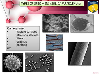 Can examine
• fracture surfaces
• electronic devices
• fibers
• coatings
• particles
etc.
TYPES OF SPECIMENS (SOLID/ PARTICLE/ etc)
 