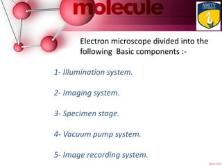 Electron microscope divided into the
following Basic components :-
1- Illumination system.
2- Imaging system.
3- Specimen stage.
4- Vacuum pump system.
5- Image recording system.
 