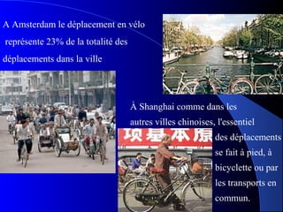 A Amsterdam le déplacement en vélo
représente 23% de la totalité des
déplacements dans la ville
À Shanghai comme dans les
autres villes chinoises, l'essentiel
des déplacements
se fait à pied, à
bicyclette ou par
les transports en
commun.
 