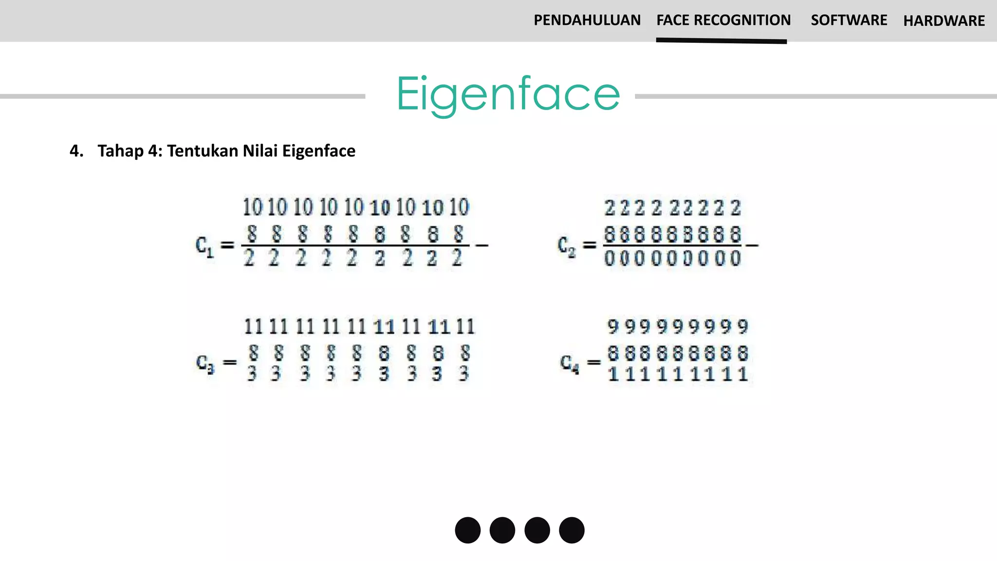 Eigenface
PENDAHULUAN FACE RECOGNITION SOFTWARE HARDWARE
4. Tahap 4: Tentukan Nilai Eigenface
 