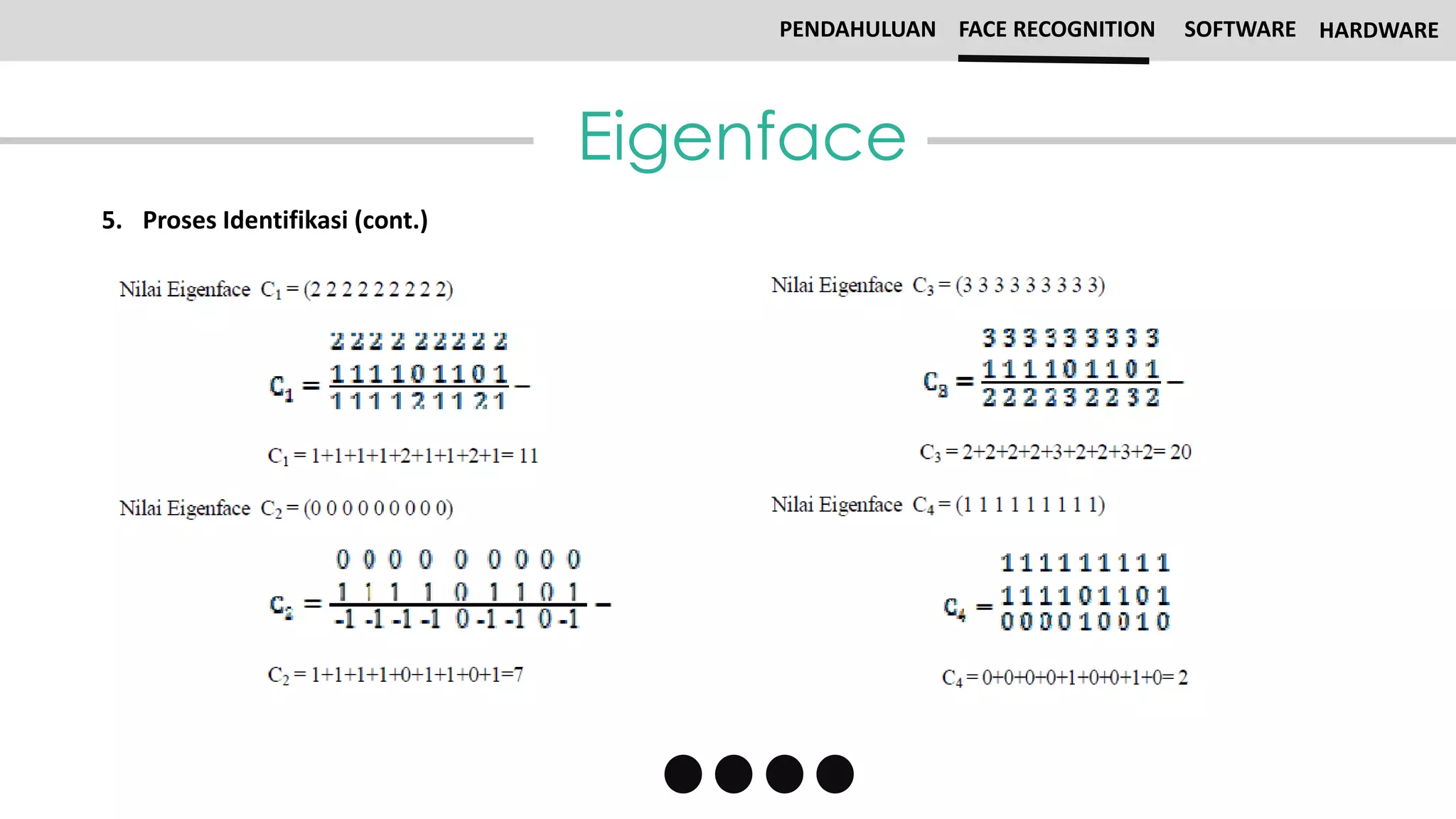 Eigenface
PENDAHULUAN FACE RECOGNITION SOFTWARE HARDWARE
5. Proses Identifikasi (cont.)
 