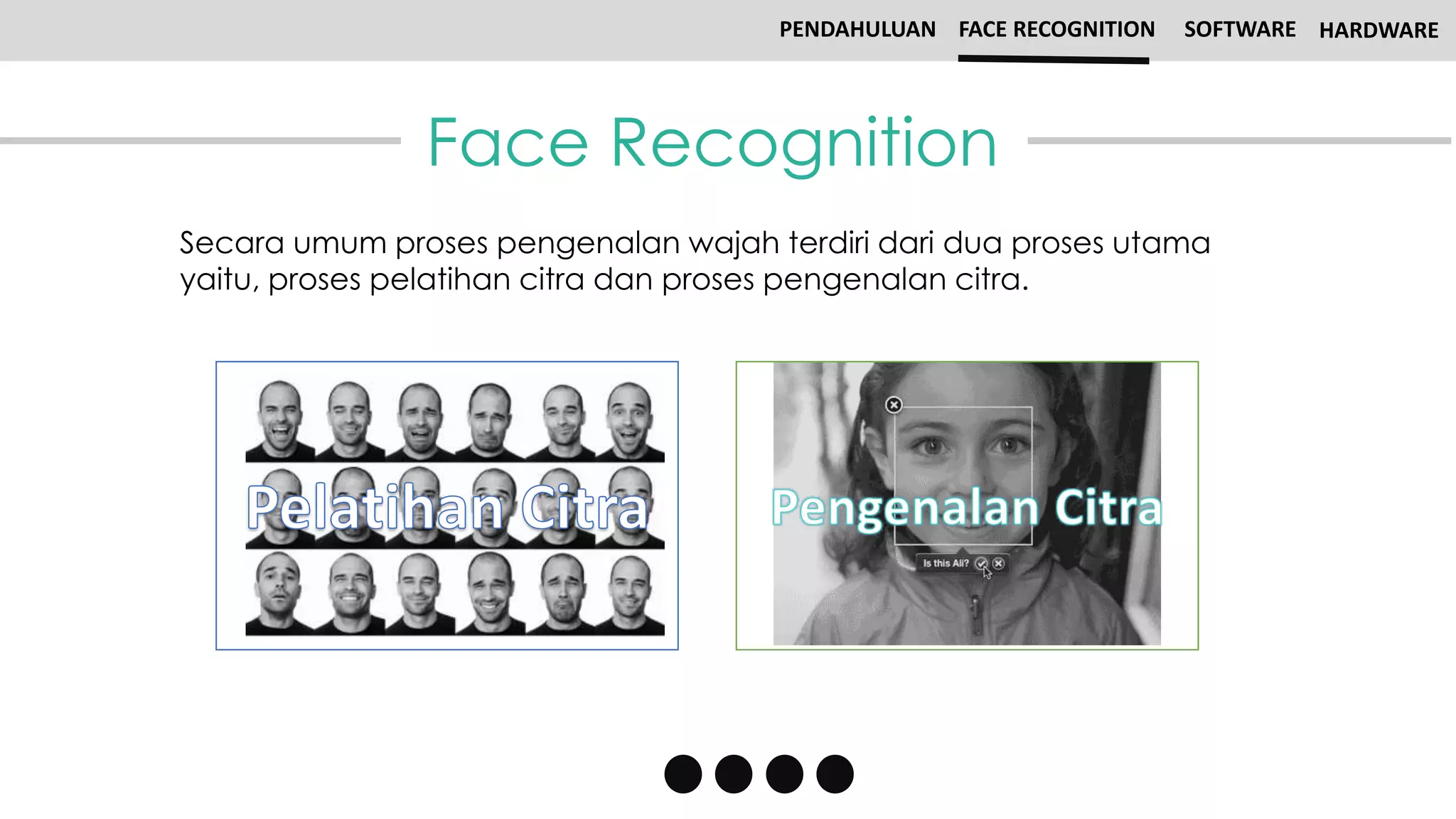 Face Recognition
PENDAHULUAN FACE RECOGNITION SOFTWARE HARDWARE
Secara umum proses pengenalan wajah terdiri dari dua proses utama
yaitu, proses pelatihan citra dan proses pengenalan citra.
 