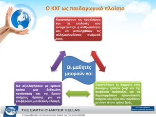 Ο ΚΧΓ ως παιδαγωγικό πλαίσιο
Κατανοήσουν τις προκλήσεις
και τις επιλογές που
αντιμετωπίζει η ανθρωπότητα
και να αντιληφθούν τις
αλληλοσυνδέσεις ανάμεσά
τους.
Κατανοήσουν τη σημασία ενός
βιώσιμου τρόπου ζωής και της
αειφόρου ανάπτυξης και να
δημιουργήσουν προσωπικούς
στόχους και αξίες που συνάδουν
με έναν τέτοιο τρόπο ζωής.
Να αξιολογήσουν με κριτικό
τρόπο μια δεδομένη
κατάσταση και να βρουν
στόχους δράσης για να
επιφέρουν μια θετική αλλαγή.
Οι μαθητές
μπορούν να:
 
