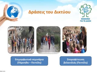 Δράσεις του Δικτύου
Επιμορφωτικά σεμινάρια
(Πάρνηθα – Πεντέλη)
Σποροφύτευση
βελανιδιάς (Πεντέλη)
 