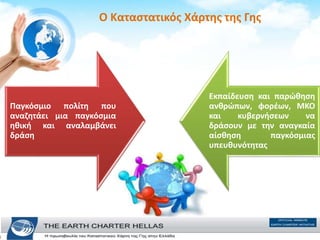 O Καταστατικός Χάρτης της Γης
Παγκόσμιο πολίτη που
αναζητάει μια παγκόσμια
ηθική και αναλαμβάνει
δράση
Εκπαίδευση και παρώθηση
ανθρώπων, φορέων, ΜΚΟ
και κυβερνήσεων να
δράσουν με την αναγκαία
αίσθηση παγκόσμιας
υπευθυνότητας
 