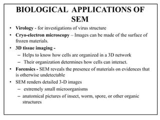 BIOLOGICAL APPLICATIONS OF
SEM
• Virology - for investigations of virus structure
• Cryo-electron microscopy – Images can be made of the surface of
frozen materials.
• 3D tissue imaging -
– Helps to know how cells are organized in a 3D network
– Their organization determines how cells can interact.
• Forensics - SEM reveals the presence of materials on evidences that
is otherwise undetectable
• SEM renders detailed 3-D images
– extremely small microorganisms
– anatomical pictures of insect, worm, spore, or other organic
structures
 