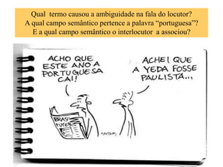 Qual termo causou a ambiguidade na fala do locutor?
A qual campo semântico pertence a palavra “portuguesa”?
  E a qual campo semântico o interlocutor a associou?
 