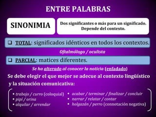 ENTRE PALABRAS

 SINONIMIA                 Dos significantes o más para un significado.
                                      Depende del contexto.


 TOTAL: significados idénticos en todos los contextos.
                           Oftalmólogo / oculista
 PARCIAL: matices diferentes.
            Se ha alterado al conocer la noticia (enfadado)
Se debe elegir el que mejor se adecue al contexto lingüístico
y la situación comunicativa:
   trabajo / curro (coloquial)  acabar / terminar / finalizar / concluir
   pipí / orina                 narrar / relatar / contar
   alquilar / arrendar          holgazán / perro (connotación negativa)
 