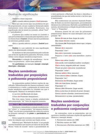 6
EM_V_GRA_004
Deslize de significação
Observe a frase seguinte:
Abriu o quadro elétrico porque o fuzil queimara.
Note que não ocorre aqui um problema de gra-
fia propriamente, já que a palavra destacada existe
exatamente como está grafada. Entretanto, sua
significação não se insere no contexto, afinal “fuzil”
é “metralhadora”.
A palavra que melhor se insere no contexto e
que provavelmente é a buscada pelo hipotético escri-
tor dessa frase é fusível. A frase não teria problemas
se estivesse grafada assim:
Abriu o quadro elétrico, porque o fusível quei-
mara.
Deslize é o uso indevido de uma significação
dentro de determinado contexto.
Os deslizes se dão principalmente pela confusão
que se faz de significantes parecidos. Portanto, é bom
definir outra relação semântica importante.
Paronímia é a relação de semelhança – na es-
crita e na pronúncia – entre duas palavras.
São parônimos, por exemplo, imergir e emergir,
descrição e discrição.
Noções semânticas
traduzidas por preposições
e polissemia preposicional
As preposições podem traduzir noções de sig-
nificado. Diferentemente de classes nucleares, como
o substantivo e o verbo, a preposição só traduz uma
noção semântica específica no contexto em que é
empregada. Vejamos os exemplos abaixo.
Li um livro de Machado de Assis.
O livro de Praxerdes desapareceu.
Nos dois casos, temos a relação estabelecida
pela preposição “de” feita da seguinte maneira.
livro + de + nome próprio de pessoa
Entretanto, entendemos a relação semântica en-
tre “o livro” e “o nome próprio” de maneira distinta.
“Algo” nos diz que a preposição dá a ideia de autoria
no primeiro exemplo e de posse ou pertinência no
segundo.
Entra o papel do contexto e do sentido dado pelo
leitor às relações que ocorrem nas frases acima.
Sabemos que “Machado de Assis” é um grande
escritor brasileiro que morreu no início do século XX.
Nossa “visão de mundo” exclui a possibilidade de
o livro pertencer a Machado de Assis e identifica a
possibilidade de que ele tenha escrito o tal livro que
é mencionado.
Não conhecemos um escritor chamado Praxer-
des. Se fosse um escritor importante, provavelmente
diríamos seu sobrenome. Excluída a possibilidade de
autoria, reconhecemos a relação de pertinência entre
“livro” e “Praxerdes”.
Estamos diante de um caso de polissemia
preposicional. Vamos ver mais exemplos com a pre-
posição “de”.
Saímos de casa às duas. (lugar de onde)
Eles vieram de trem. (meio)
Um homem de Florianópolis esteve aqui. (origem,
naturalidade)
Falaram de ti. (assunto)
Preposição “com”:
Saiu com o namorado. (companhia)
Preparou o bolo com uma batedeira. (instru-
mento)
Falava com calma. (modo)
Com saúde, você trabalhará melhor. (condição)
Com a chuva, ninguém pôde sair. (causa)
Trouxe um prato com arroz. (continência)
Preposição “sobre”:
Falavam sobre o filme. (assunto)
O livro estava sobre o televisor. (lugar)
Preposição “em”:
Estávamos em Fortaleza. (lugar onde)
Volto em duas horas. (tempo)
Preposição “a”:
Vamos a Belo Horizonte. (lugar aonde)
Estou a uma hora do término do prazo. (tempo)
Cortou a árvore a facadas. (instrumento/meio)
Sentaram à (a+a) mesa. (proximidade)
Noções semânticas
traduzidas por conjunções
e polissemia conjuncional
As conjunções, como as preposições, são co-
nectivos e também traduzem noções de significado.
Observe o exemplo abaixo.
1. Porciúncula nasceu em 1980.
2. Partileia nasceu em 1980.
3. Porciúncula e Partileia nasceram em 1980.
Esse material é parte integrante do Aulas Particulares on-line do IESDE BRASIL S/A,
mais informações www.aulasparticularesiesde.com.br
 
