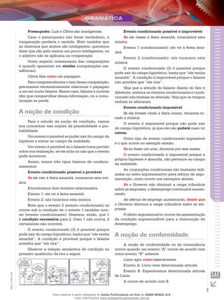9
EM_V_GRA_004
Pressuposto: Luís e Clóvis são inteligentes.
Caso o pressuposto não fosse verdadeiro, a
comparação perderia o sentido. Note também que
ao dizermos que ambos são inteligentes, queremos
dizer que são pelo menos um pouco inteligentes, ou
o adjetivo não se aplicaria na comparação.
Outro aspecto interessante das comparações
é quando aparecem em símiles (comparações me-
tafóricas).
Clóvis fala como um papagaio.
Para compreendermos o teor dessa comparação,
precisamos necessariamente relacionar o papagaio
a um ser muito falante. Nesse caso, falante e ouvinte
têm que compartilhar dessa informação, ou a comu-
nicação se perde.
A noção de condição
Para o estudo da noção de condição, vamos
nos concentrar nas noções de possibilidade e pro-
babilidade.
Um evento é possível se puder sair do campo da
hipótese e entrar no campo da realidade.
Um evento é provável se o falante toma partido
sobre sua realização, se ele acha ou não que o evento
pode acontecer.
Assim, temos três tipos básicos de condicio-
namentos:
Evento condicionado possível e provável
Se ele vier à festa amanhã, tocaremos esta mú-
sica.
Encontramos dois eventos relacionados.
Evento 1: ele vir à festa amanhã.
Evento 2: nós tocarmos esta música.
Note que o evento 2 (evento condicionado) só
ocorre sob a condição de o evento 1 também ocor-
rer (evento condicionante). Dizemos, então, que 1
é condição necessária para 2. Caso 1 não ocorra, 2
certamente não ocorrerá.
O evento condicionado (2) é possível porque
pode sair do campo hipotético, basta que “ele venha
amanhã”. A condição é provável porque o falante
acredita que “ele virá”.
Observe a relação semântica de condição no
primeiro quadrinho da tira a seguir.
teu
pai te pega
assistindo
canal erótico,
hein, messias? se
você não
contar, ele não
vai saber
tudo
bem... assista
também!
sem
misturar
calorzinhos,
tá ?
IESDEBrasilS.A.
Evento condicionado possível e improvável
Se ele viesse à festa amanhã, tocaríamos esta
música.
Evento 1 (condicionante): ele vir à festa ama-
nhã.
Evento 2 (condicionado): nós tocarmos esta
música.
O evento condicionado (2) é possível porque
pode sair do campo hipotético, basta que “ele venha
amanhã”. A condição é improvável porque o falante
não acredita que “ele virá”.
Veja que a atitude do falante diante do fato é
diferente, embora os eventos condicionante e condi-
cionado não tenham se alterado. Veja que os tempos
verbais se alteraram.
Evento condicionado impossível
Se ele tivesse vindo à festa ontem, teríamos to-
cado a música.
O evento é impossível porque não pode sair
do campo hipotético, já que ele não poderá mais vir
ontem.
Outro tipo de evento condicionado impossível
é o que ocorre no exemplo abaixo.
Se eu fosse um urso, dormiria por seis meses.
O evento condicionado é impossível porque a
própria hipótese é absurda, não pertence ao campo
da realidade.
As conjunções condicionais são bastante utili-
zadas no texto argumentativo para reforço de argu-
mentação, como ocorre nos exemplos abaixo.
Se o Governo não diminuir a carga tributária
sobre as empresas, o desemprego continuará aumen-
tando.
As ofertas de emprego aumentarão, desde que
o Governo diminua a carga tributária sobre as em-
presas.
O efeito argumentativo ocorre da apresentação
da condição imprescindível para a diminuição do
desemprego.
A noção de conformidade
A noção de conformidade ou de consonância
ocorre quando um evento “A” ocorre de acordo com
outro evento “B” anterior.
Lúcio agiu como esperávamos.
Evento A: Lúcio teve determinada atitude.
Evento B: Esperávamos determinada atitude
de Lúcio.
A ocorre de acordo com B.
Esse material é parte integrante do Aulas Particulares on-line do IESDE BRASIL S/A,
mais informações www.aulasparticularesiesde.com.br
 