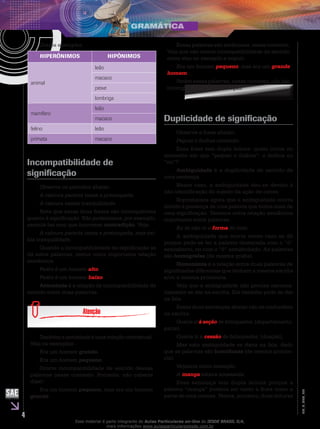 4
EM_V_GRA_004
Outros exemplos:
HIPERÔNIMOS HIPÔNIMOS
animal
leão
macaco
peixe
lombriga
mamífero
leão
macaco
felino leão
primata macaco
Incompatibilidade de
significação
Observe os períodos abaixo.
A caloura parecia tensa e preocupada.
A caloura exibia tranquilidade.
Note que essas duas frases são incompatíveis
quanto à significação. Não poderíamos, por exemplo,
associá-las sem que houvesse contradição. Veja:
A caloura parecia tensa e preocupada, mas exi-
bia tranquilidade.
Quando a incompatibilidade de significação se
dá entre palavras, temos outra importante relação
semântica.
Pedro é um homem alto.
Pedro é um homem baixo.
Antonímia é a relação de incompatibilidade de
sentido entre duas palavras.
Também a antonímia é uma relação contextual.
Veja os exemplos:
Era um homem grande.
Era um homem pequeno.
Ocorre incompatibilidade de sentido dessas
palavras nesse contexto. Portanto, não caberia
dizer:
Era um homem pequeno, mas era um homem
grande.
Essas palavras são antônimas, nesse contexto.
Veja que não ocorre incompatibilidade de sentido
entre elas no exemplo a seguir:
Era um homem pequeno, mas era um grande
homem.
Porém essas palavras, nesse contexto, não são
incompatíveis na significação.
Duplicidade de significação
Observe a frase abaixo:
Peguei o ônibus correndo.
Essa frase tem dupla leitura: quem corria no
momento em que “peguei o ônibus”: o ônibus ou
“eu”?
Ambiguidade é a duplicidade de sentido de
uma sentença.
Nesse caso, a ambiguidade deu-se devido à
não-identificação do sujeito da ação de correr.
Suponhamos agora que a ambiguidade ocorra
devido à presença de uma palavra que tenha mais de
uma significação. Teremos outra relação semântica
importante entre palavras.
Eu só não vi a forma do bolo.
A ambiguidade que ocorre nesse caso se dá
porque pode-se ler a palavra destacada com o “ó”
semiaberto, ou com o “ô” semifechado. As palavras
são homógrafas (de mesma grafia).
Homonímia é a relação entre duas palavras de
significados diferentes que tenham a mesma escrita
e/ou a mesma pronúncia.
Veja que a ambiguidade não precisa necessa-
riamente se dar na escrita. Ela também pode se dar
na fala.
Essas duas sentenças abaixo não se confundem
na escrita:
Queria ir à seção de brinquedos. (departamento,
parte).
Queria ir à cessão de brinquedos. (doação).
Mas esta ambiguidade se daria na fala, dado
que as palavras são homófonas (de mesma pronún-
cia).
Vejamos outro exemplo:
A manga estava amassada.
Essa sentença tem dupla leitura porque a
palavra “manga” poderia ser tanto a fruta como a
parte de uma camisa. Temos, portanto, duas leituras
Esse material é parte integrante do Aulas Particulares on-line do IESDE BRASIL S/A,
mais informações www.aulasparticularesiesde.com.br
 