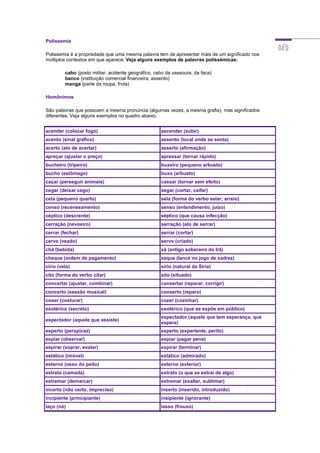 Polissemia
Polissemia é a propriedade que uma mesma palavra tem de apresentar mais de um significado nos
múltiplos contextos em que aparece. Veja alguns exemplos de palavras polissêmicas:
cabo (posto militar, acidente geográfico, cabo da vassoura, da faca)
banco (instituição comercial financeira, assento)
manga (parte da roupa, fruta)
Homônimos
São palavras que possuem a mesma pronúncia (algumas vezes, a mesma grafia), mas significados
diferentes. Veja alguns exemplos no quadro abaixo:
acender (colocar fogo) ascender (subir)
acento (sinal gráfico) assento (local onde se senta)
acerto (ato de acertar) asserto (afirmação)
apreçar (ajustar o preço) apressar (tornar rápido)
bucheiro (tripeiro) buxeiro (pequeno arbusto)
bucho (estômago) buxo (arbusto)
caçar (perseguir animais) cassar (tornar sem efeito)
cegar (deixar cego) segar (cortar, ceifar)
cela (pequeno quarto) sela (forma do verbo selar; arreio)
censo (recenseamento) senso (entendimento, juízo)
céptico (descrente) séptico (que causa infecção)
cerração (nevoeiro) serração (ato de serrar)
cerrar (fechar) serrar (cortar)
cervo (veado) servo (criado)
chá (bebida) xá (antigo soberano do Irã)
cheque (ordem de pagamento) xeque (lance no jogo de xadrez)
círio (vela) sírio (natural da Síria)
cito (forma do verbo citar) sito (situado)
concertar (ajustar, combinar) consertar (reparar, corrigir)
concerto (sessão musical) conserto (reparo)
coser (costurar) cozer (cozinhar)
esotérico (secreto) exotérico (que se expõe em público)
espectador (aquele que assiste)
expectador (aquele que tem esperança, que
espera)
esperto (perspicaz) experto (experiente, perito)
espiar (observar) expiar (pagar pena)
espirar (soprar, exalar) expirar (terminar)
estático (imóvel) extático (admirado)
esterno (osso do peito) externo (exterior)
estrato (camada) extrato (o que se extrai de algo)
estremar (demarcar) extremar (exaltar, sublimar)
incerto (não certo, impreciso) inserto (inserido, introduzido)
incipiente (principiante) insipiente (ignorante)
laço (nó) lasso (frouxo)
 