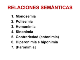 RELACIONES SEMÁNTICAS
1. Monosemia
2. Polisemia
3. Homonimia
4. Sinonimia
5. Contrariedad (antonimia)
6. Hiperonimia e hiponimia
7. [Paronimia]
 